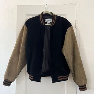Vintage black tan suede leather varsity bomber jacket Avalanche Large